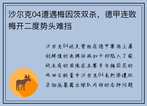 沙尔克04遭遇梅因茨双杀，德甲连败梅开二度势头难挡